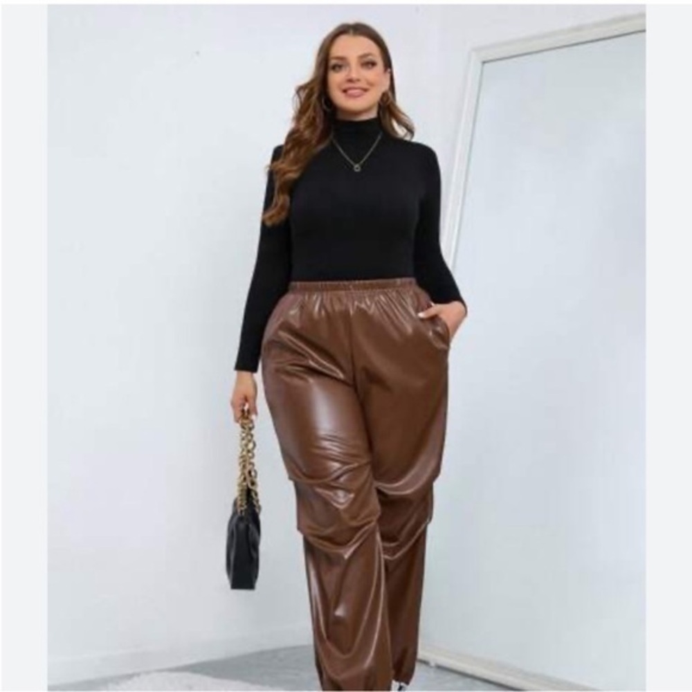 NEW Maison Cinqcent Highrise Brown Faux Leather Joggers  Plus Size 3X